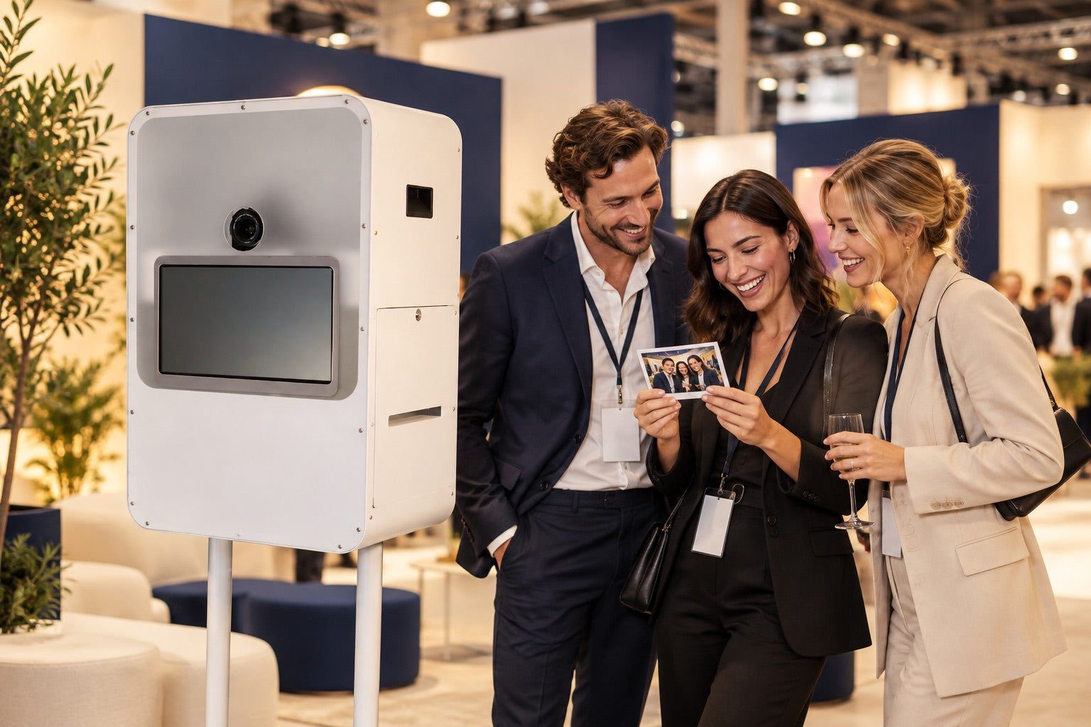 KI-Visualisierung: UMF-Fotobox mit Besuchern an einem Messestand