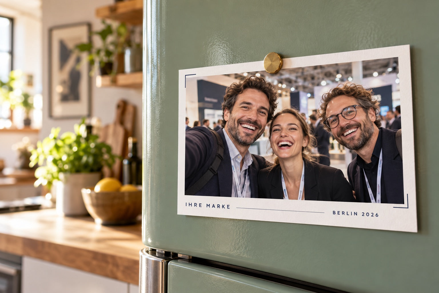 Designbeispiel: Foto mit dezentem Markenrahmen und Magnet am Kühlschrank